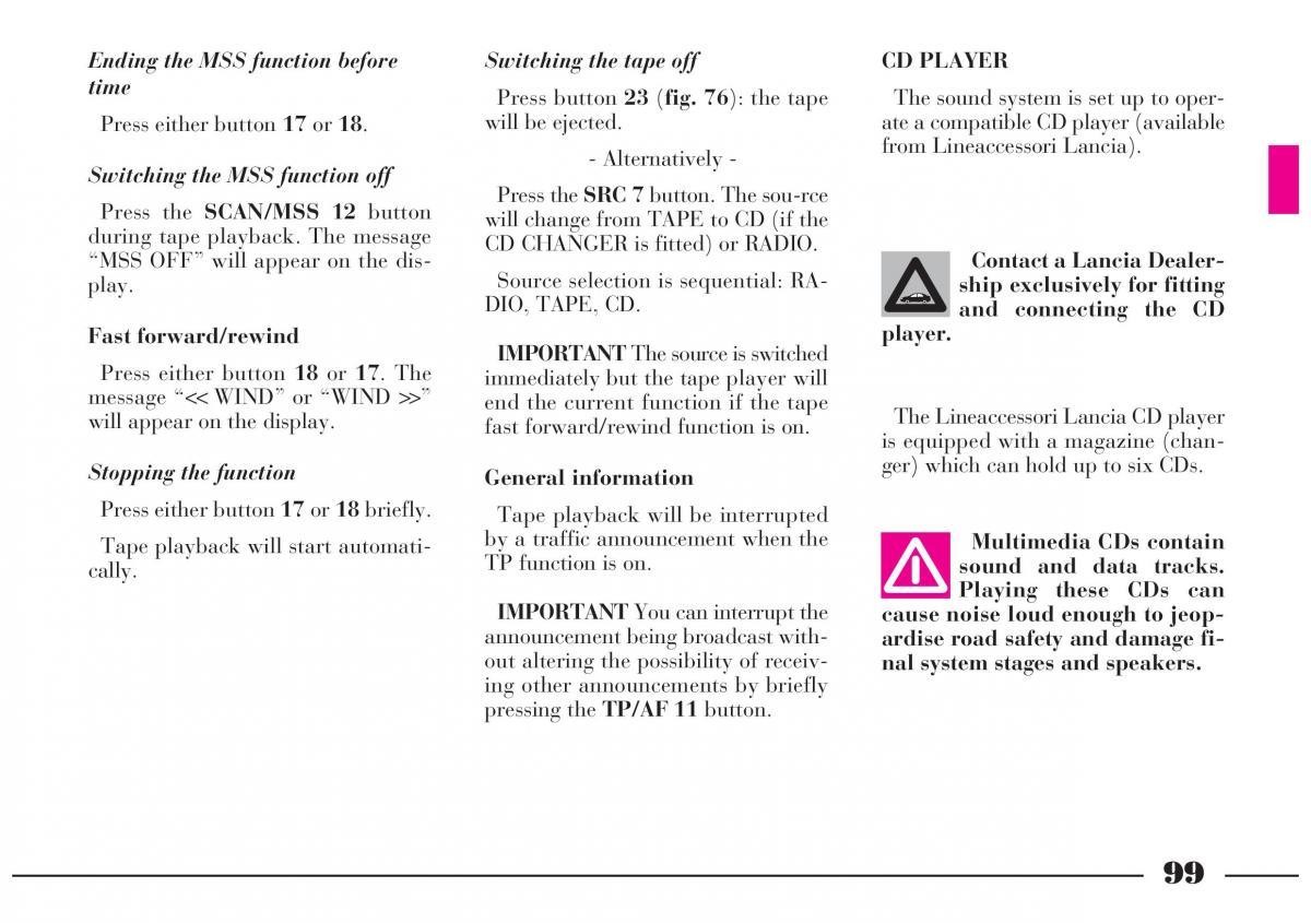 Lancia Lybra owners manual / page 100