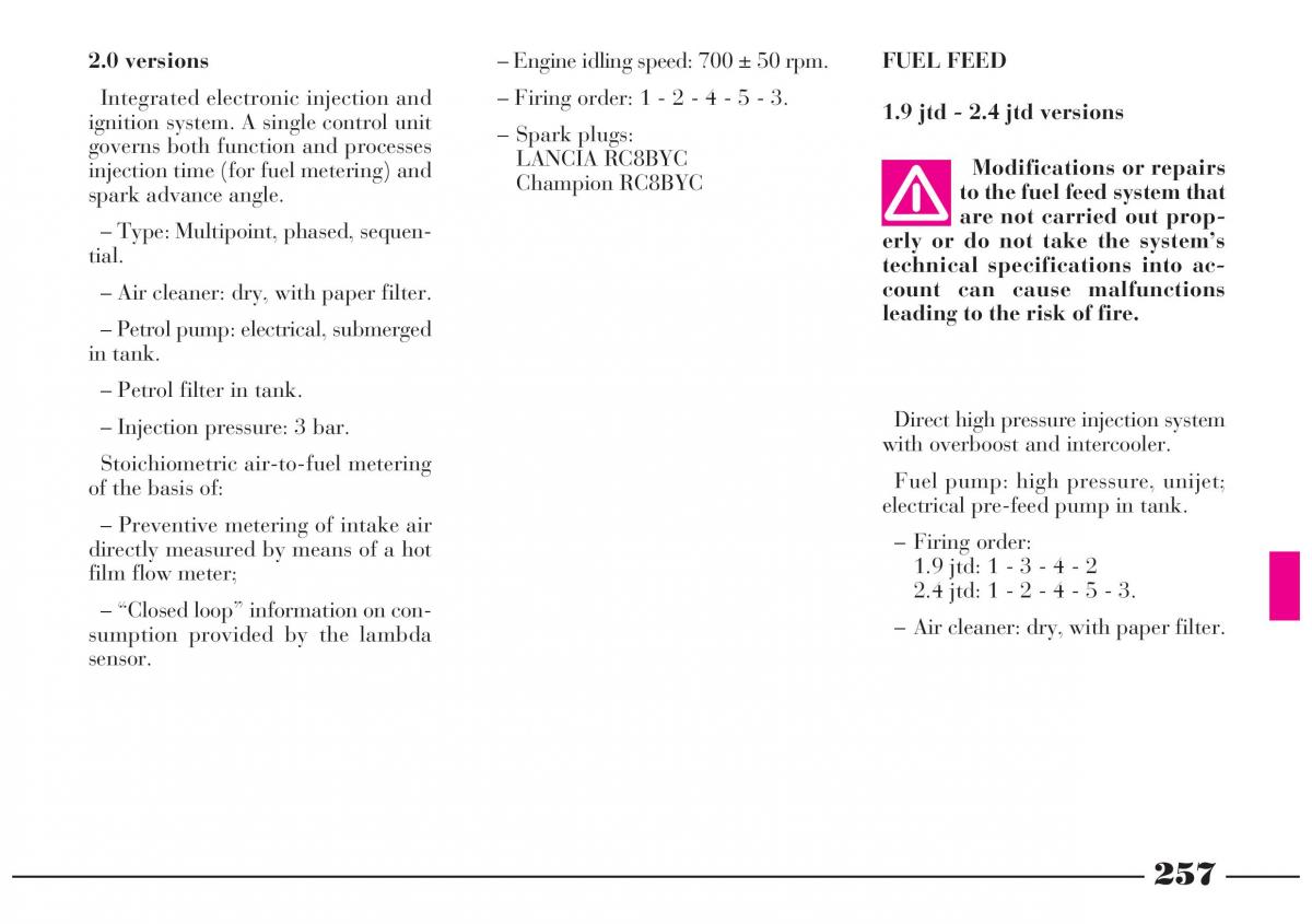 Lancia Lybra owners manual / page 258