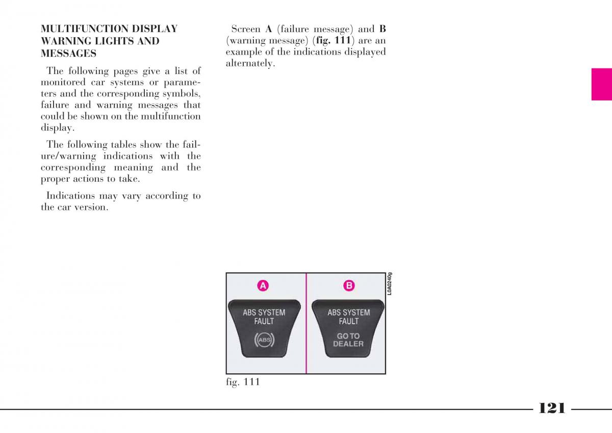 Lancia Thesis owners manual / page 122