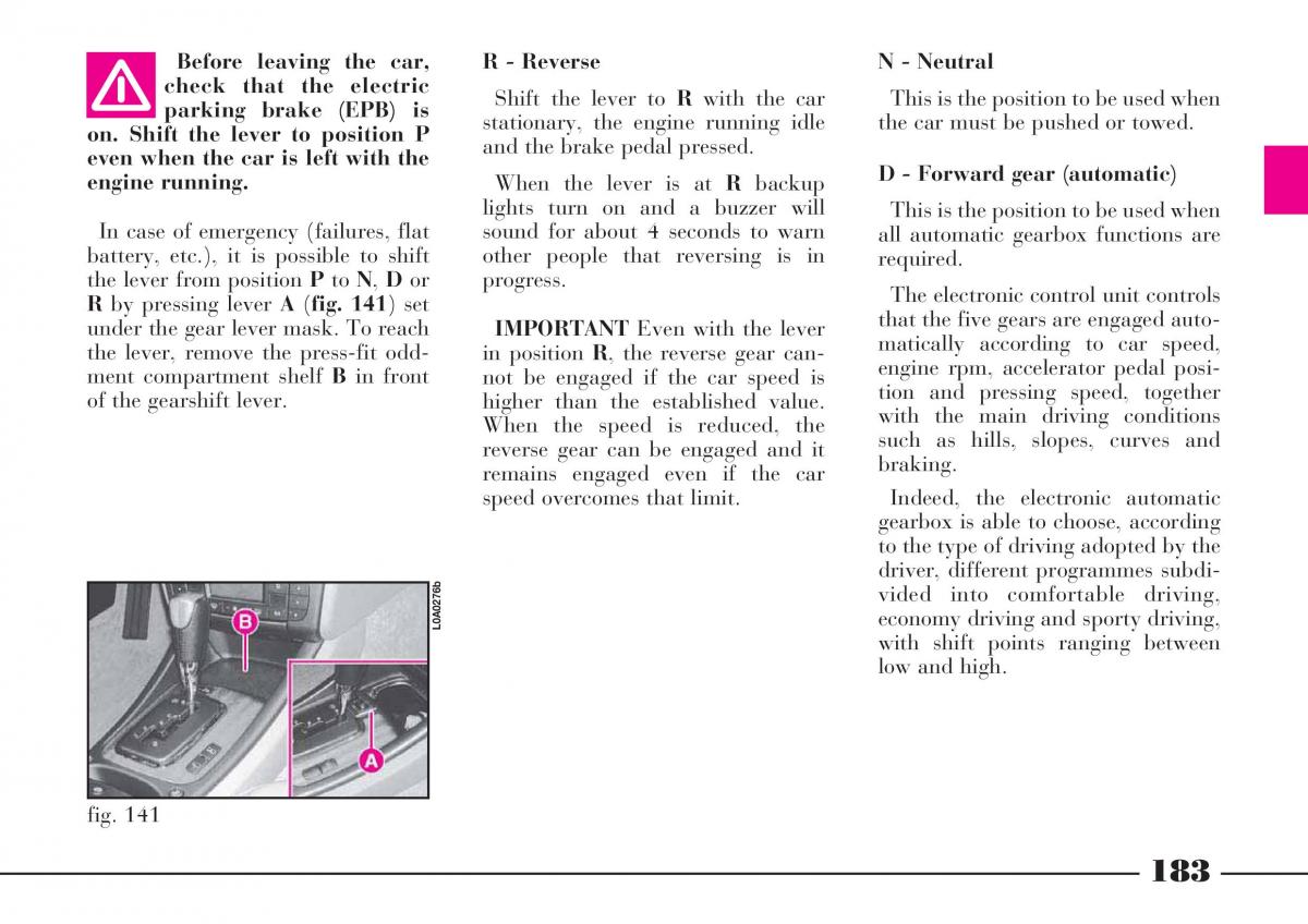 Lancia Thesis owners manual / page 184