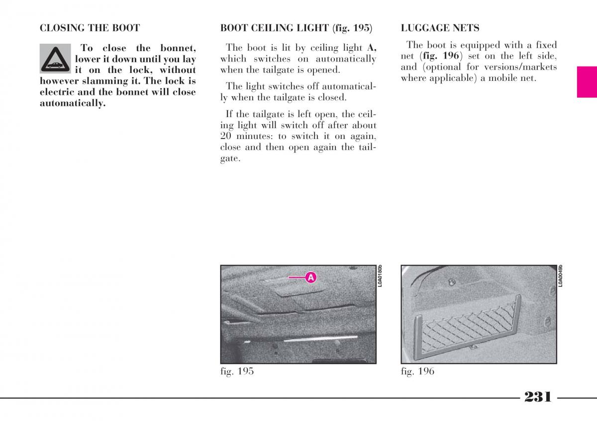 Lancia Thesis owners manual / page 232