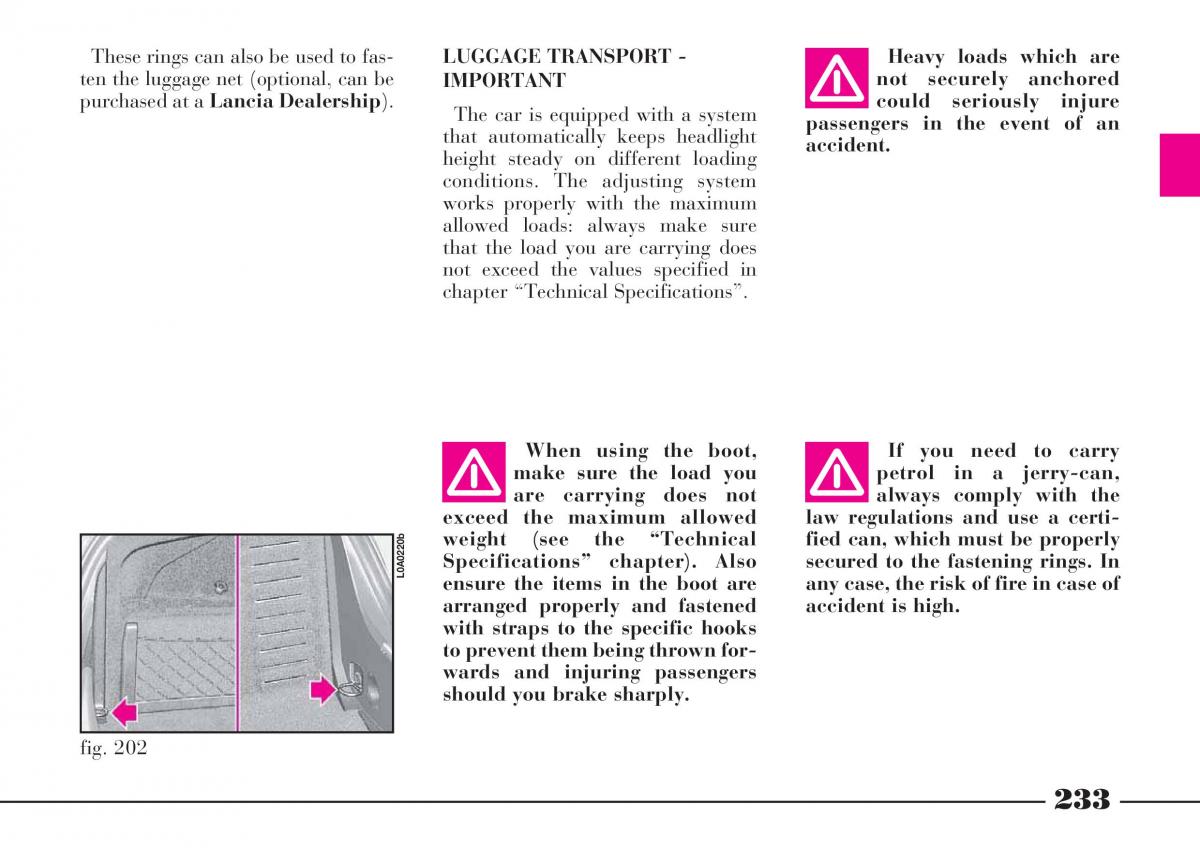 Lancia Thesis owners manual / page 234