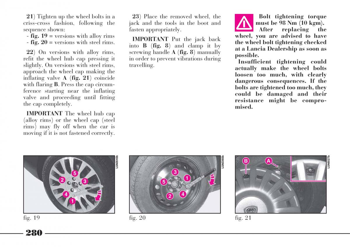 Lancia Thesis owners manual / page 281