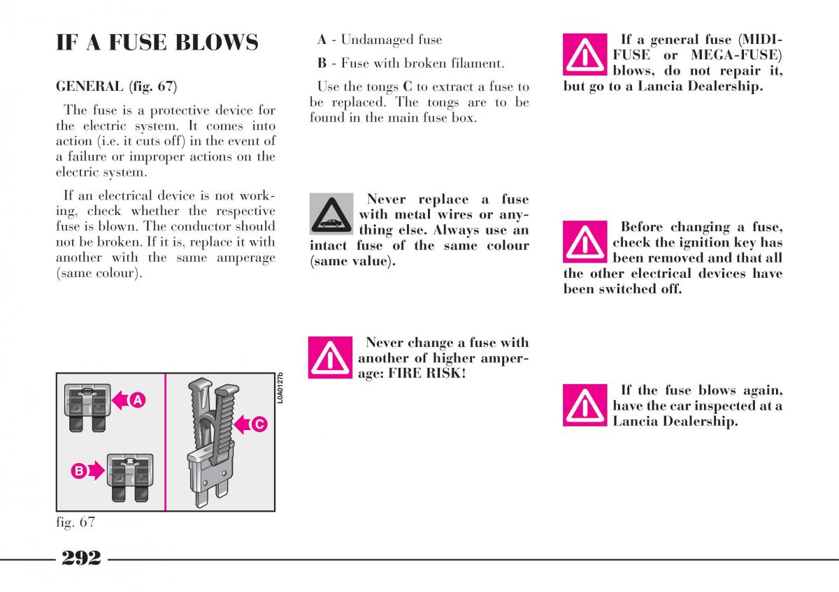 Lancia Thesis owners manual / page 293