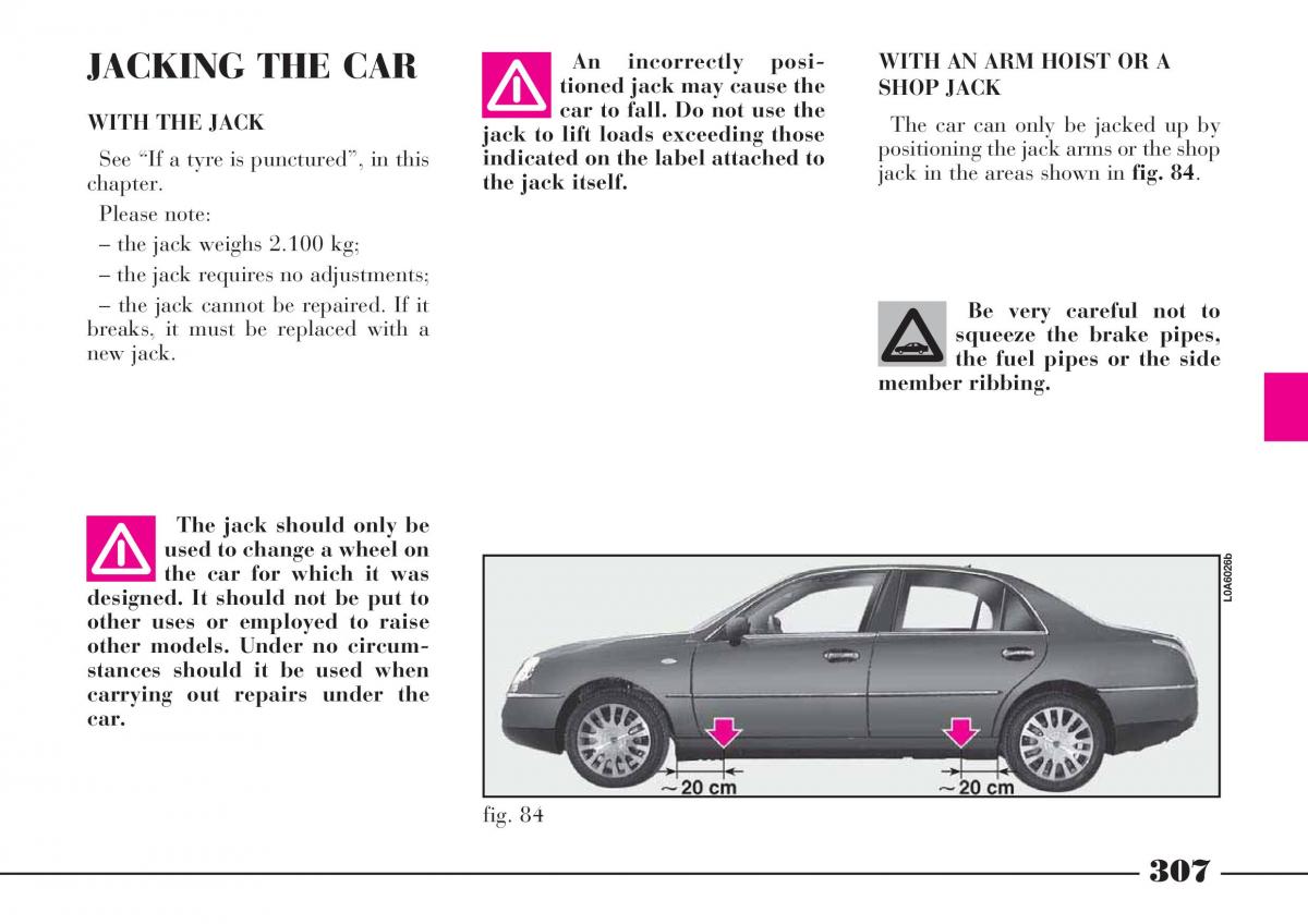 Lancia Thesis owners manual / page 308