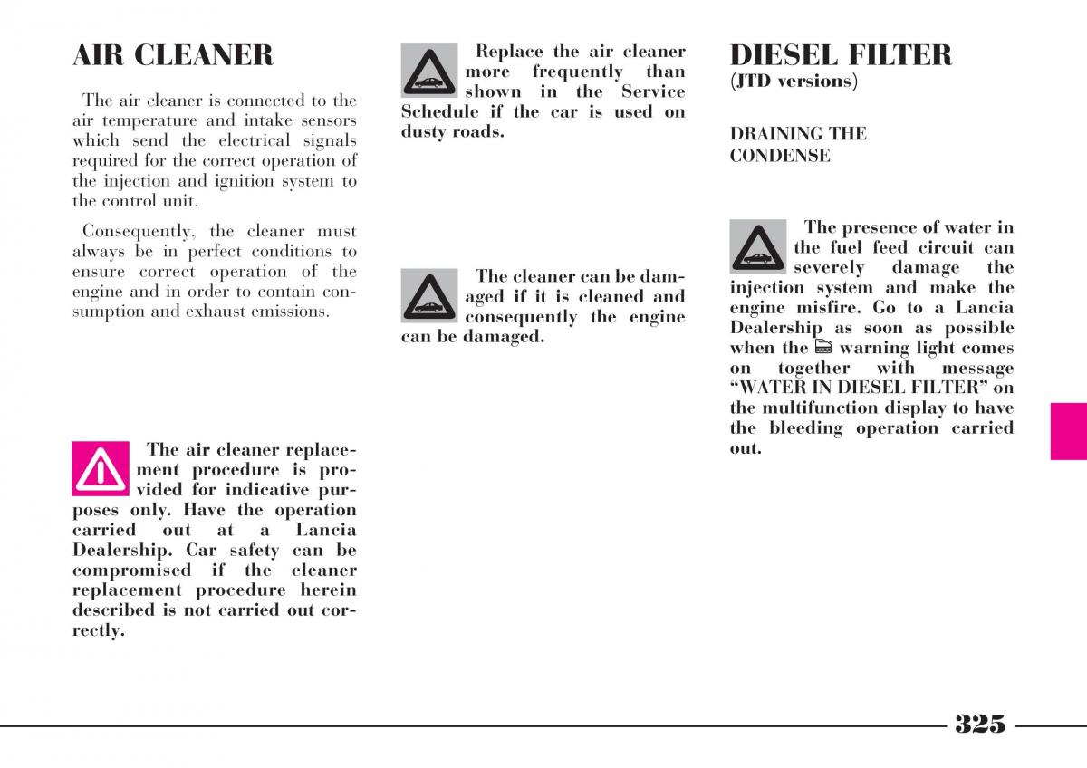 Lancia Thesis owners manual / page 326