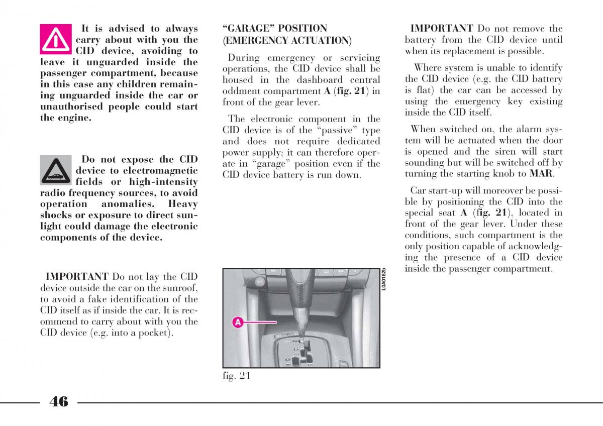 Lancia Thesis owners manual / page 47