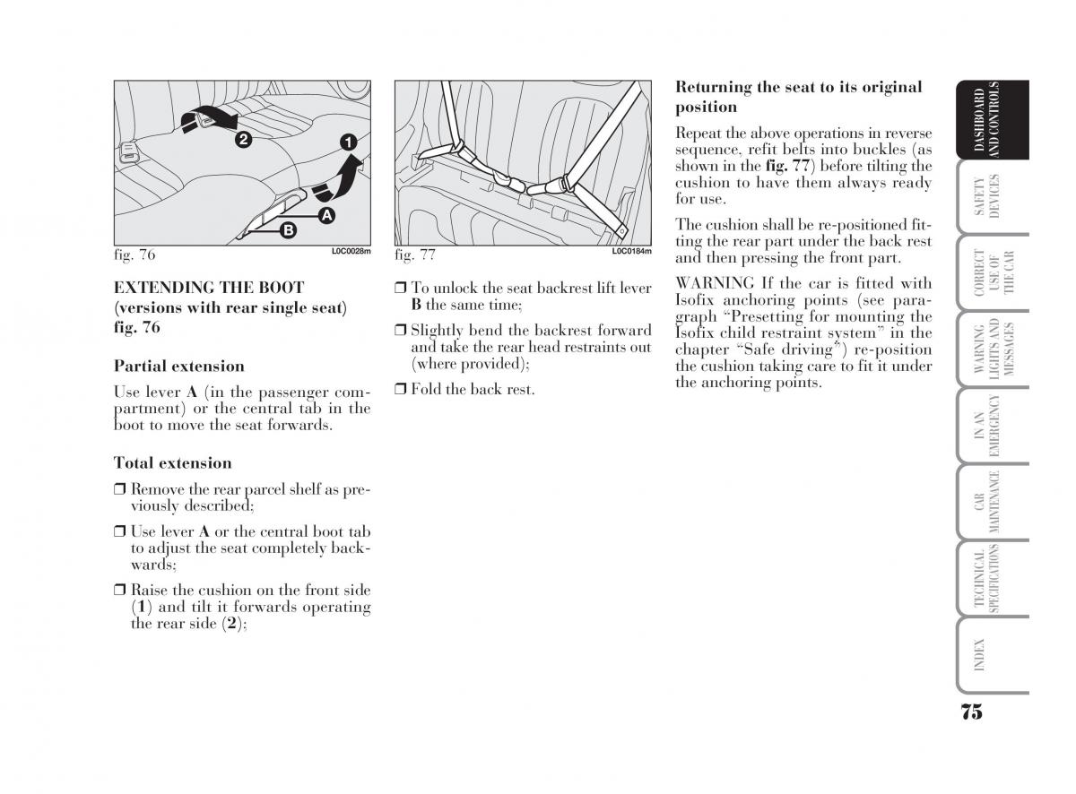 Lancia Ypsilon owners manual / page 76