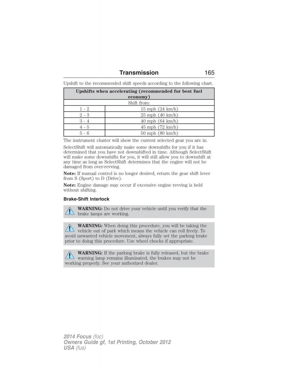 Ford Focus III 3 owners manual / page 166