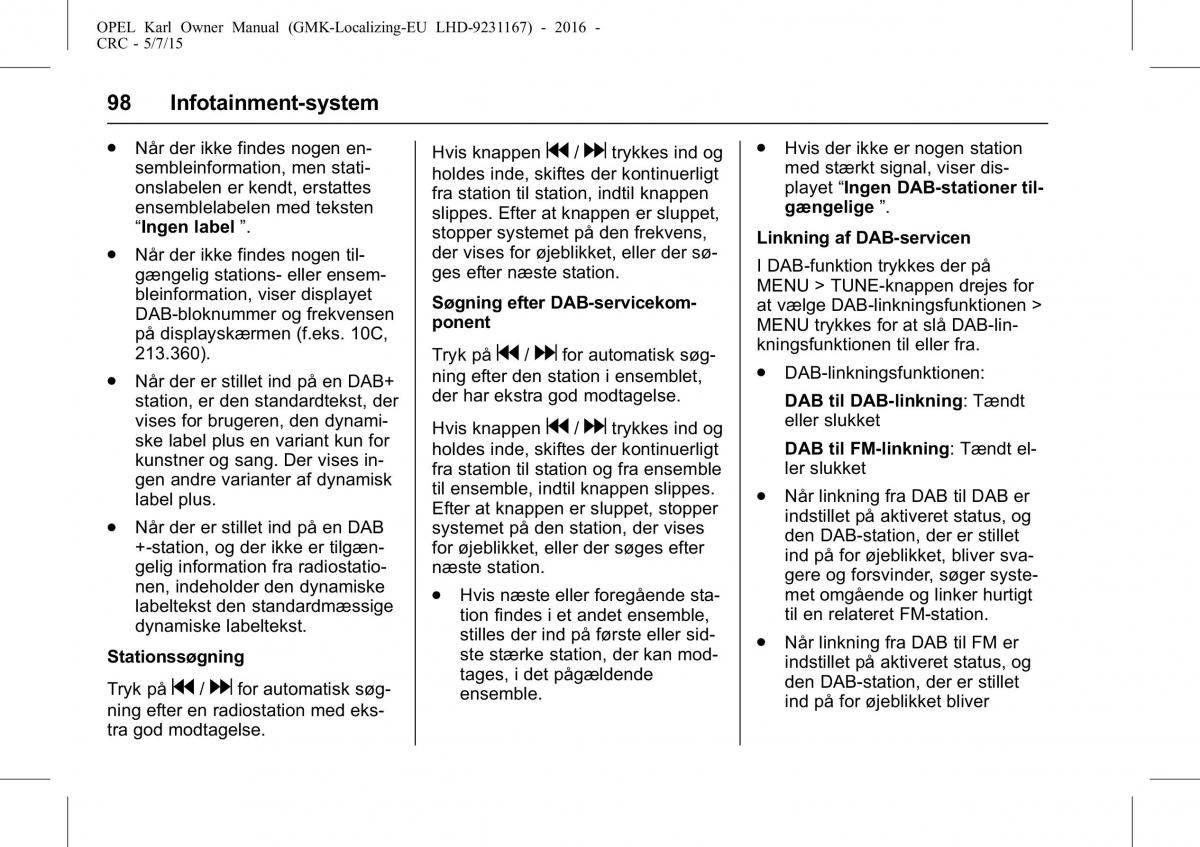 Opel Karl Bilens instruktionsbog / page 99