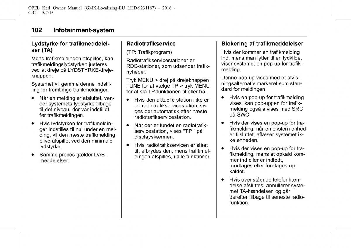 Opel Karl Bilens instruktionsbog / page 103