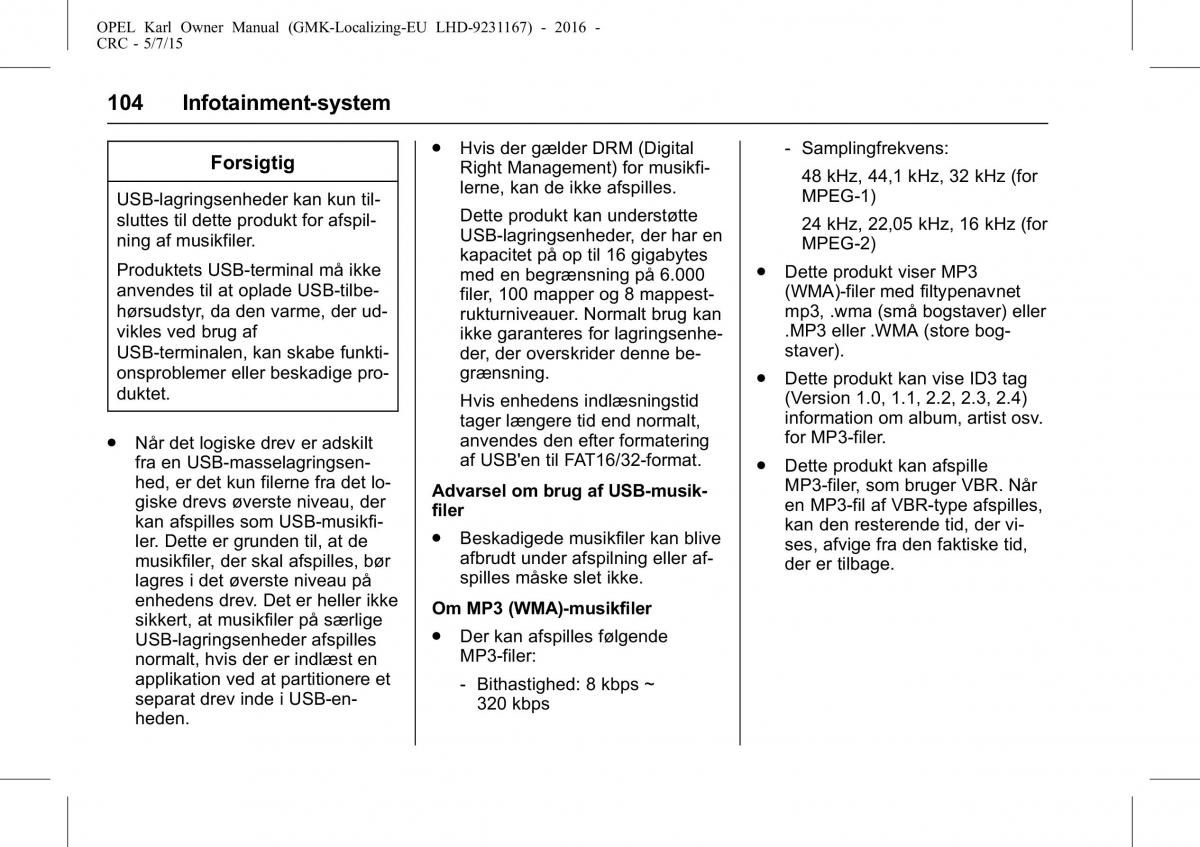 Opel Karl Bilens instruktionsbog / page 105