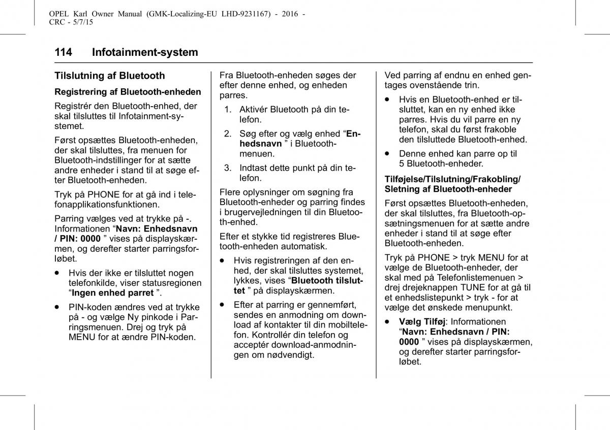 Opel Karl Bilens instruktionsbog / page 115