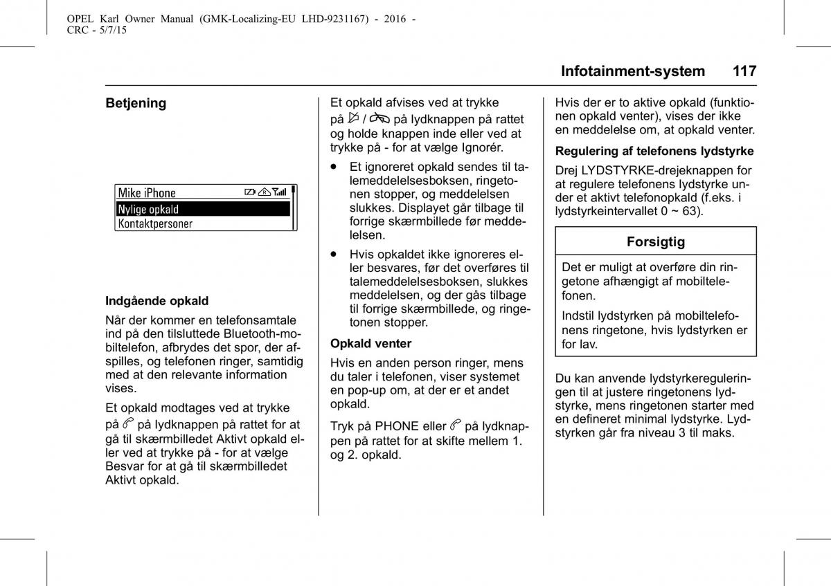 Opel Karl Bilens instruktionsbog / page 118