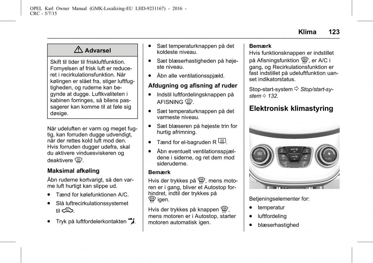 Opel Karl Bilens instruktionsbog / page 124