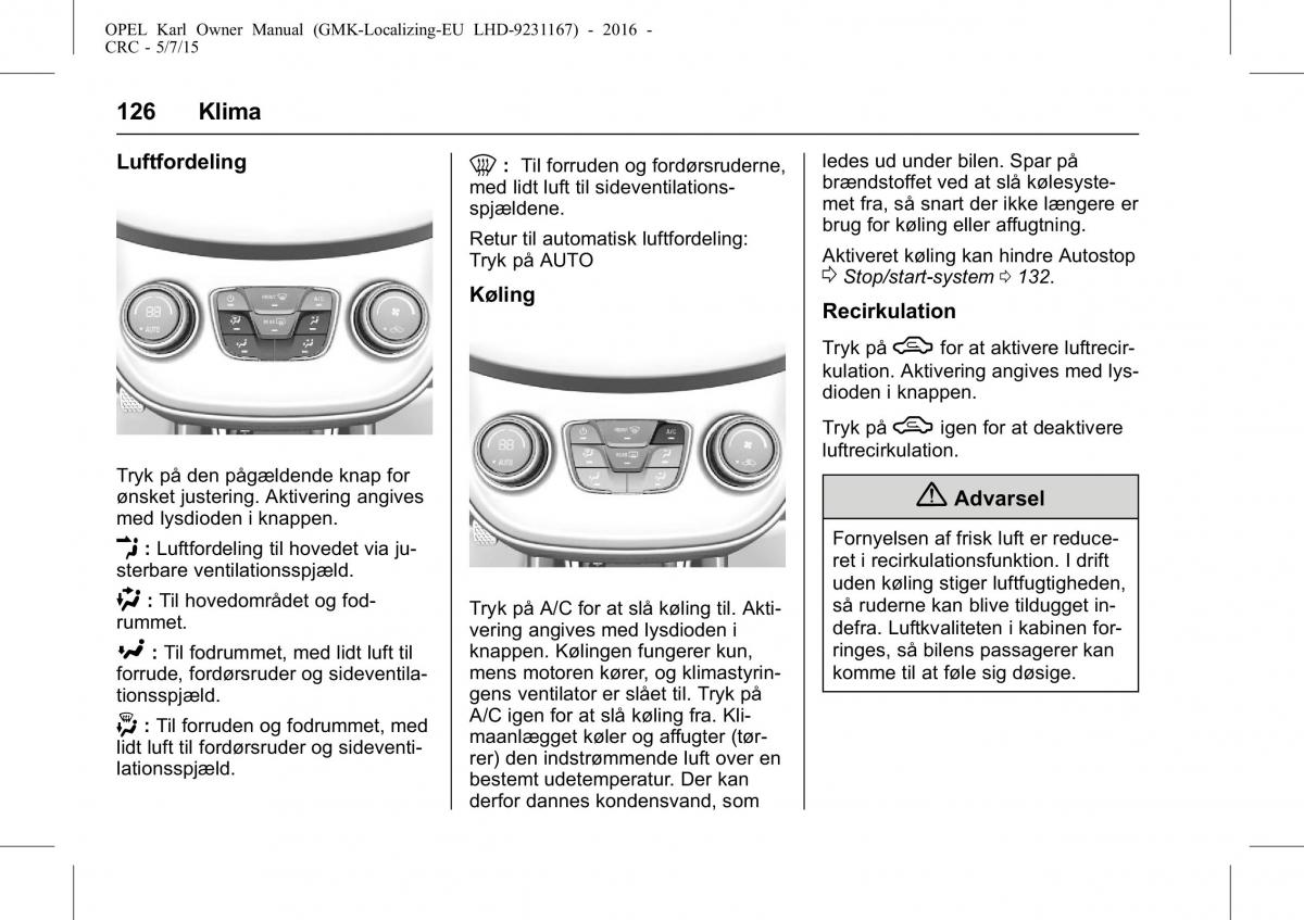 Opel Karl Bilens instruktionsbog / page 127