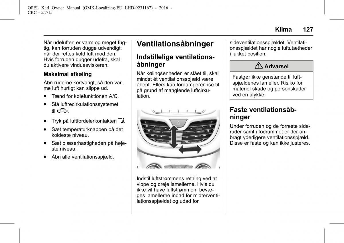 Opel Karl Bilens instruktionsbog / page 128