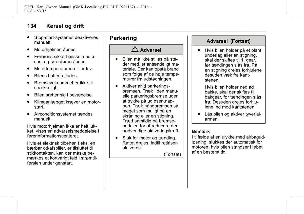 Opel Karl Bilens instruktionsbog / page 135