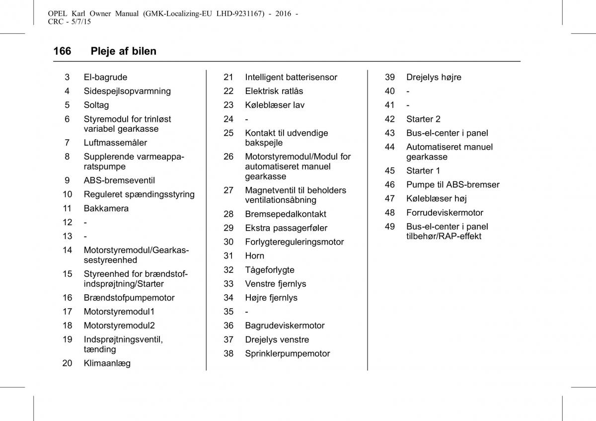 Opel Karl Bilens instruktionsbog / page 167