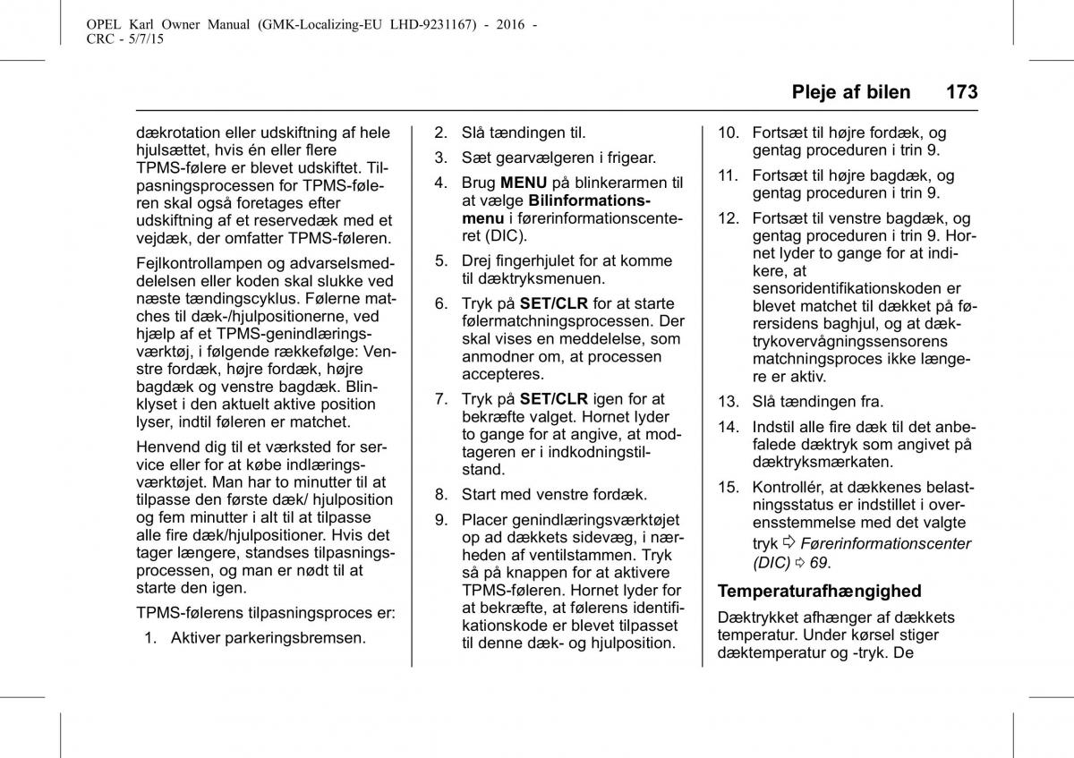 Opel Karl Bilens instruktionsbog / page 174