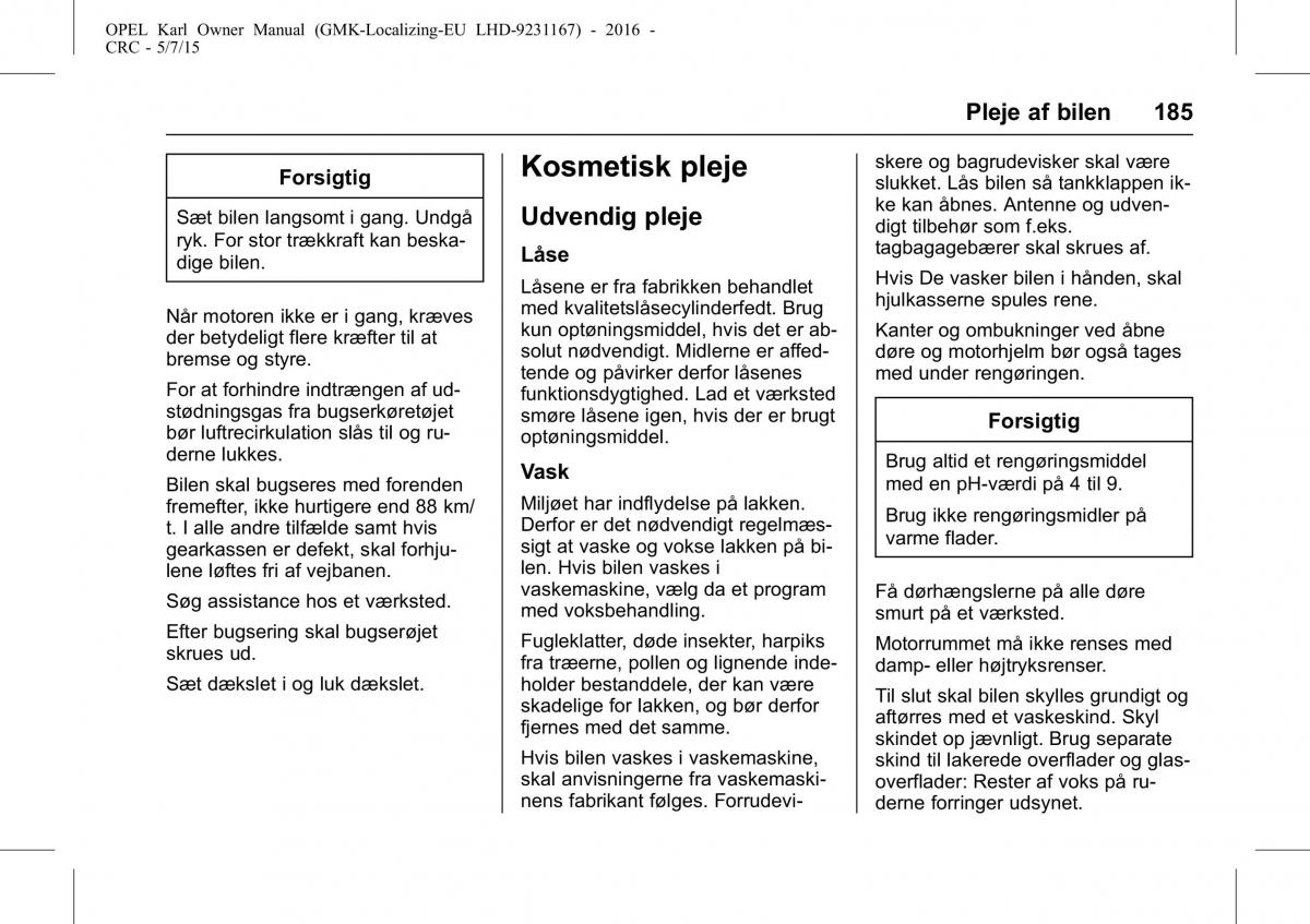 Opel Karl Bilens instruktionsbog / page 186