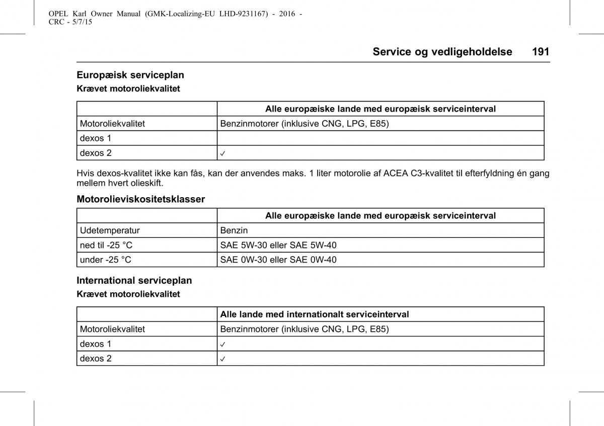 Opel Karl Bilens instruktionsbog / page 192