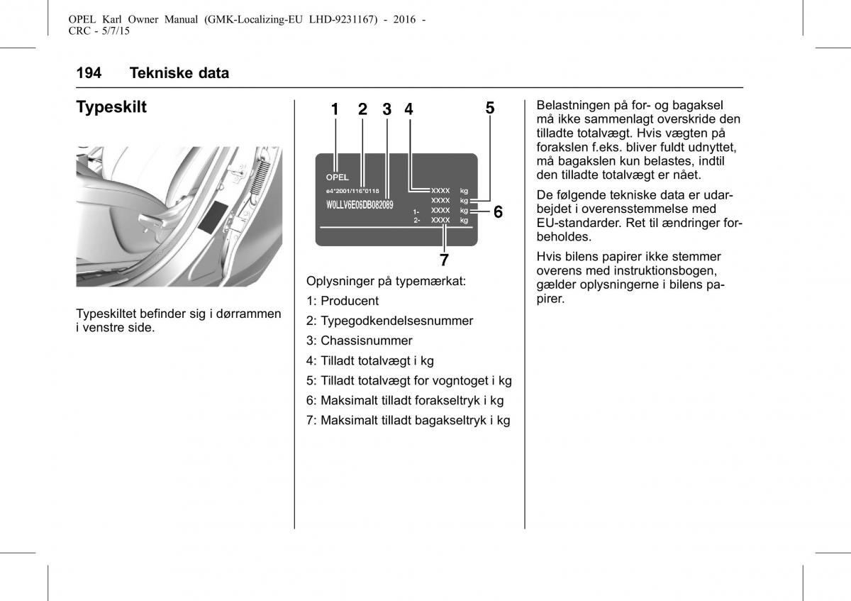 Opel Karl Bilens instruktionsbog / page 195