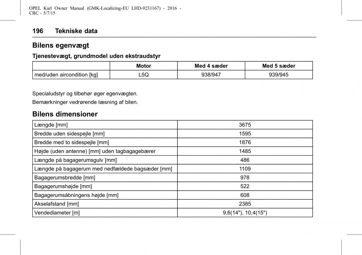 Opel Karl Bilens instruktionsbog / page 197