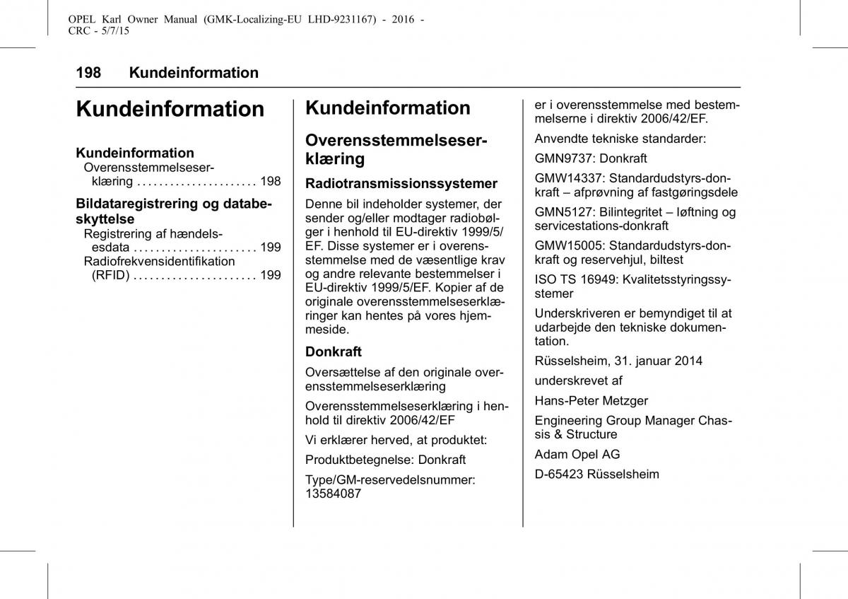 Opel Karl Bilens instruktionsbog / page 199