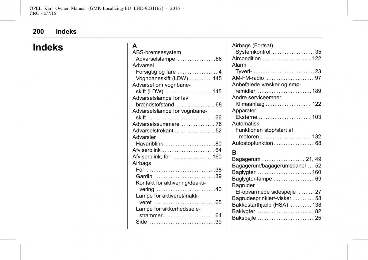 Opel Karl Bilens instruktionsbog / page 201