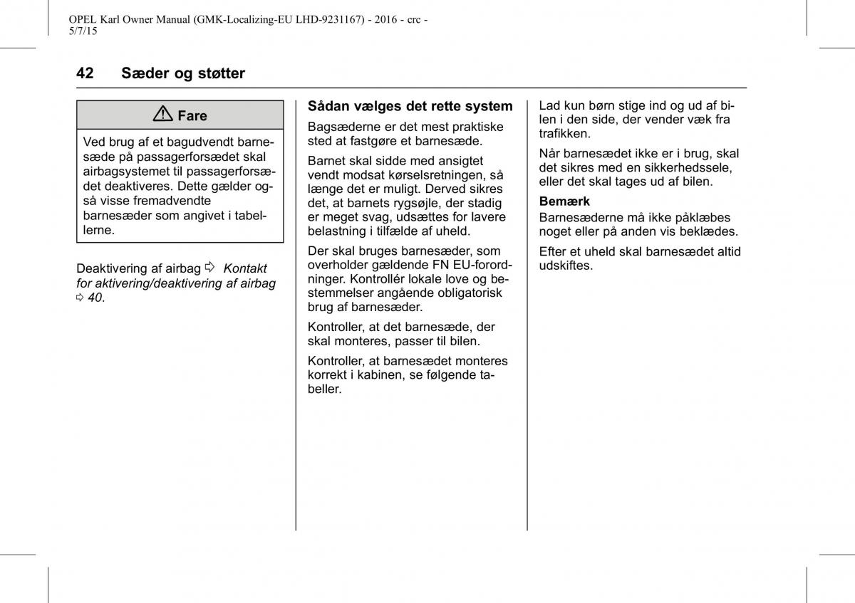 Opel Karl Bilens instruktionsbog / page 43