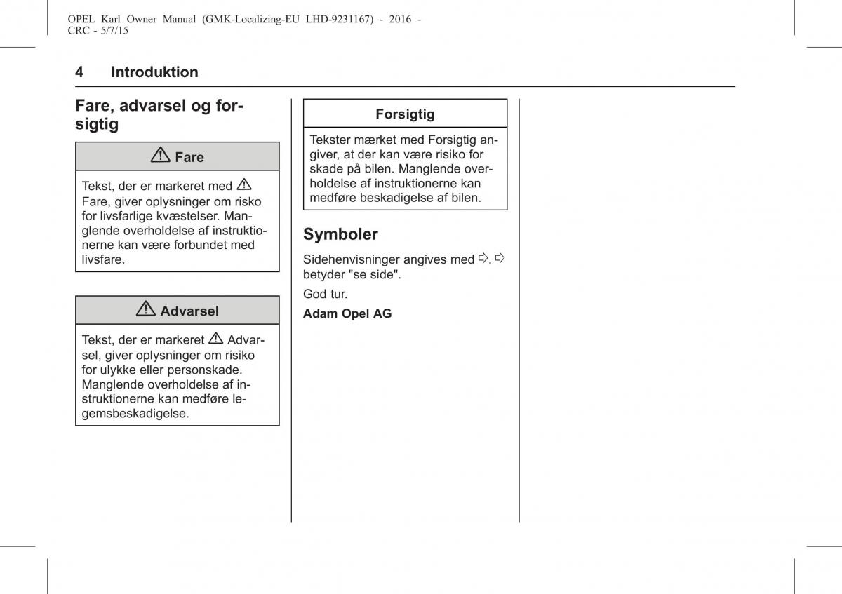 Opel Karl Bilens instruktionsbog / page 5