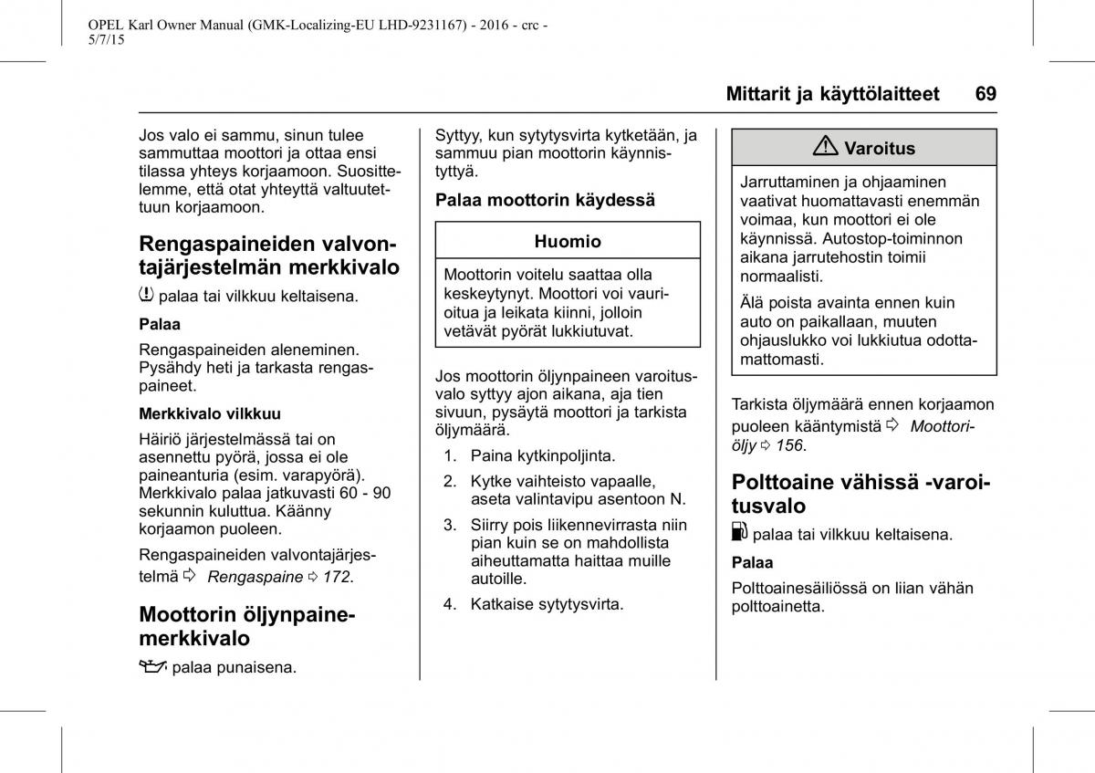 Opel Karl owners manual / page 70