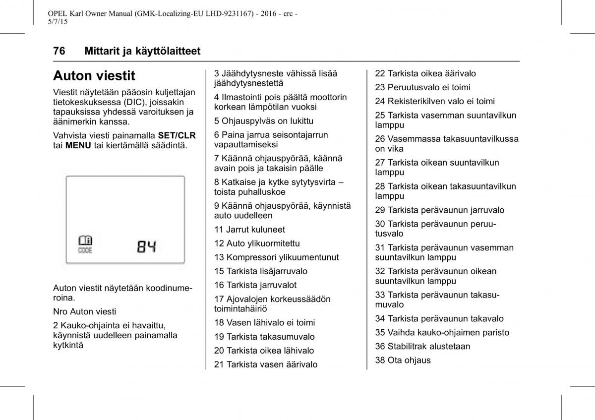 Opel Karl owners manual / page 77