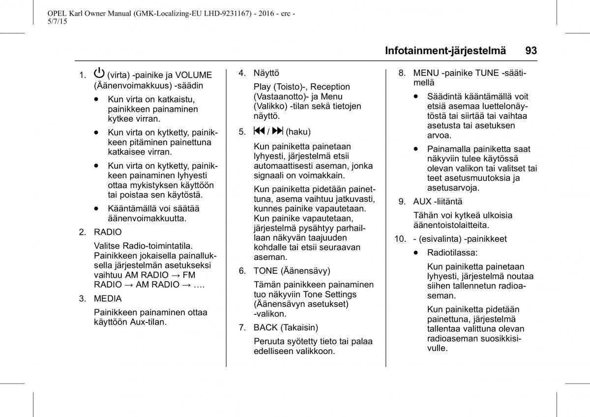 Opel Karl owners manual / page 94