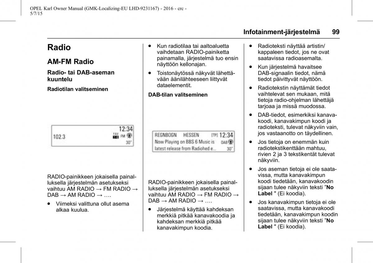 Opel Karl owners manual / page 100