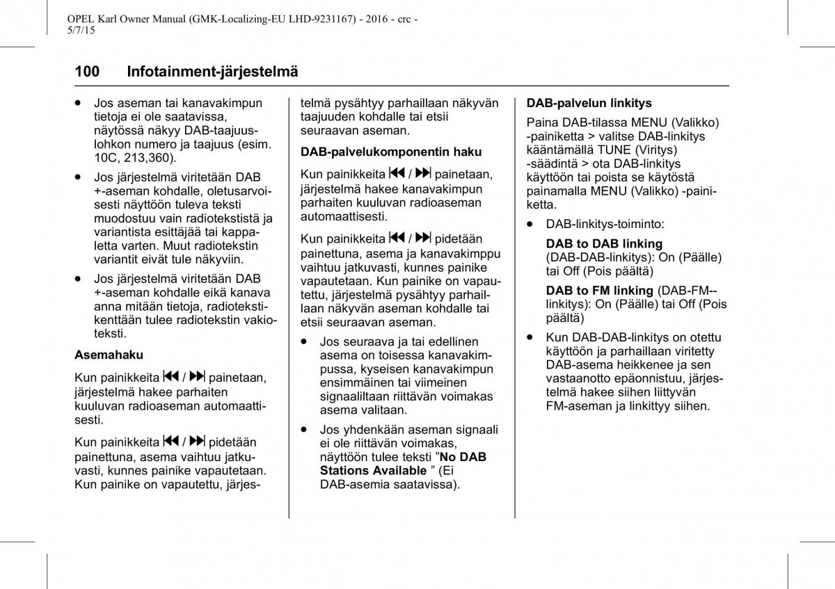 Opel Karl owners manual / page 101