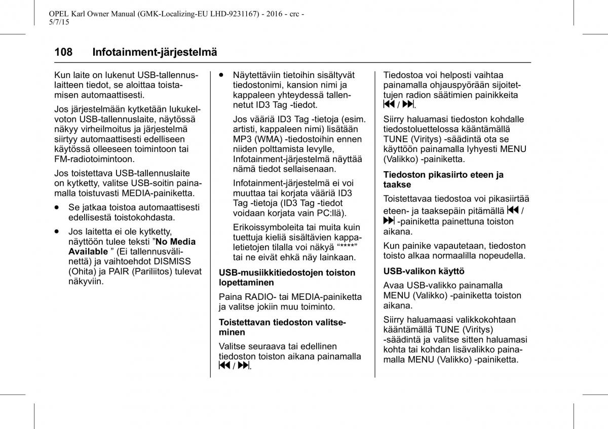 Opel Karl owners manual / page 109