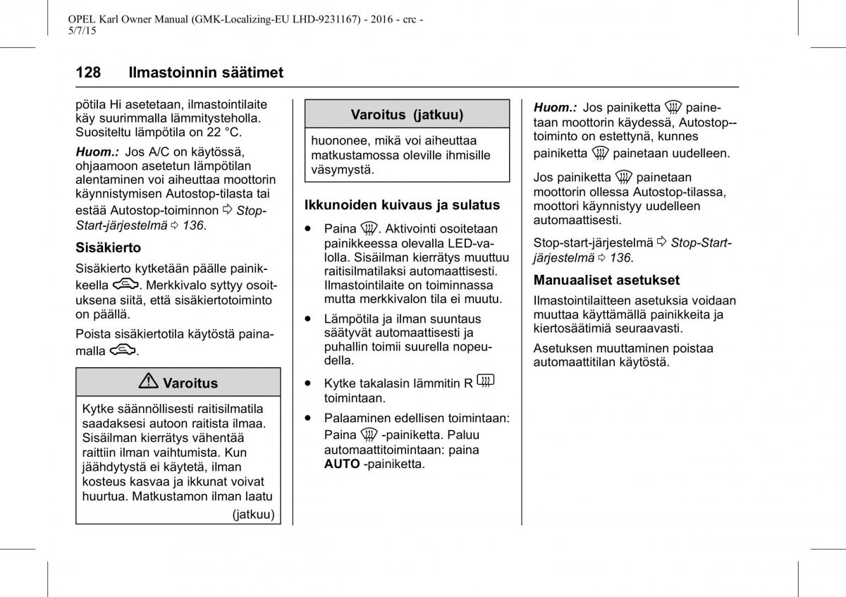 Opel Karl owners manual / page 129