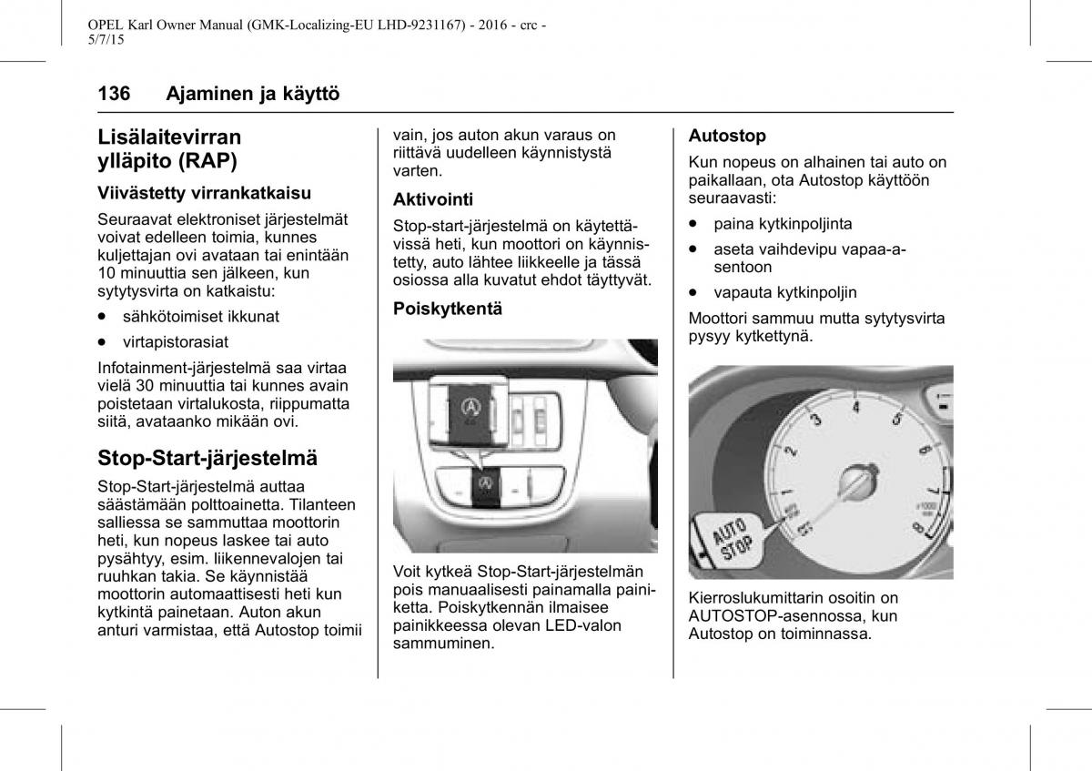 Opel Karl owners manual / page 137