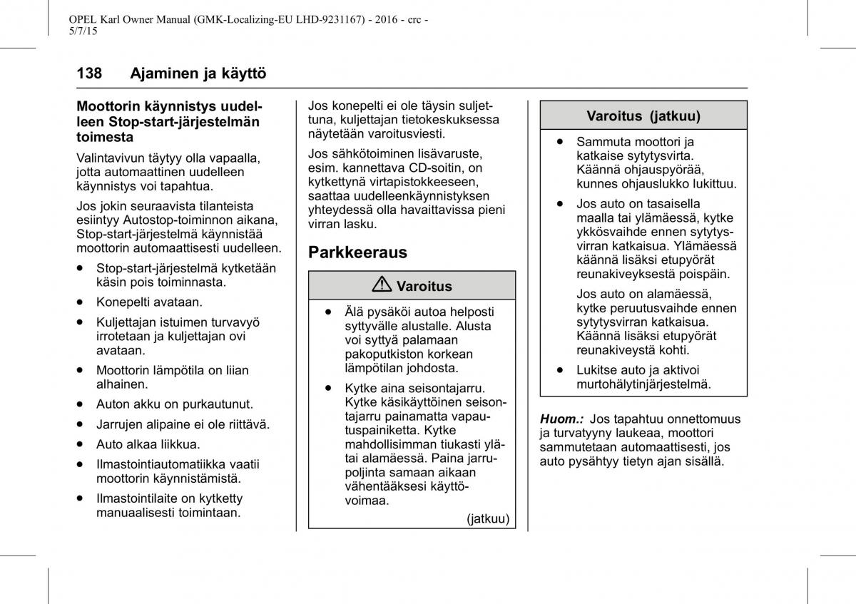 Opel Karl owners manual / page 139