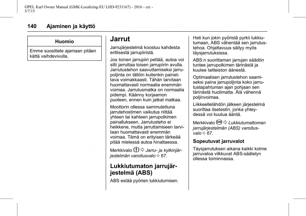 Opel Karl owners manual / page 141