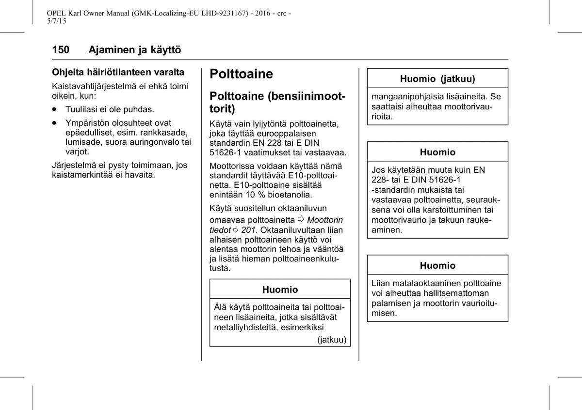 Opel Karl owners manual / page 151