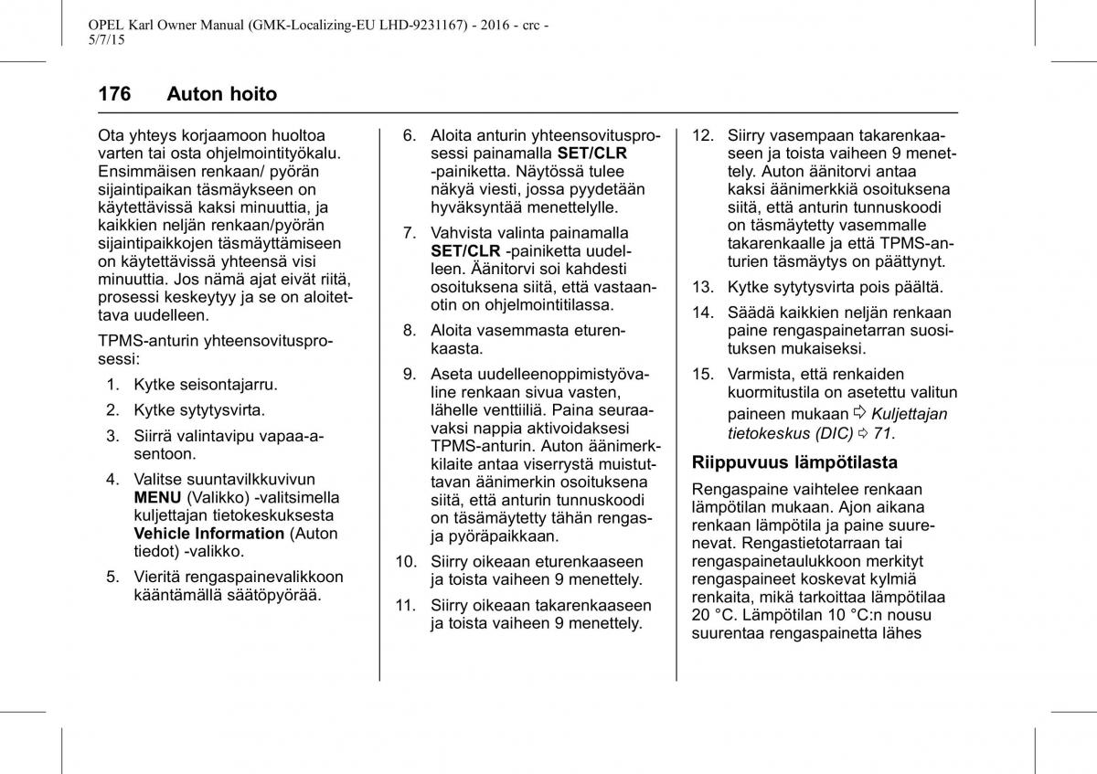 Opel Karl owners manual / page 177