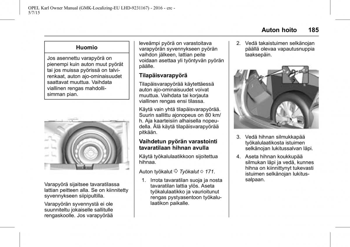 Opel Karl owners manual / page 186