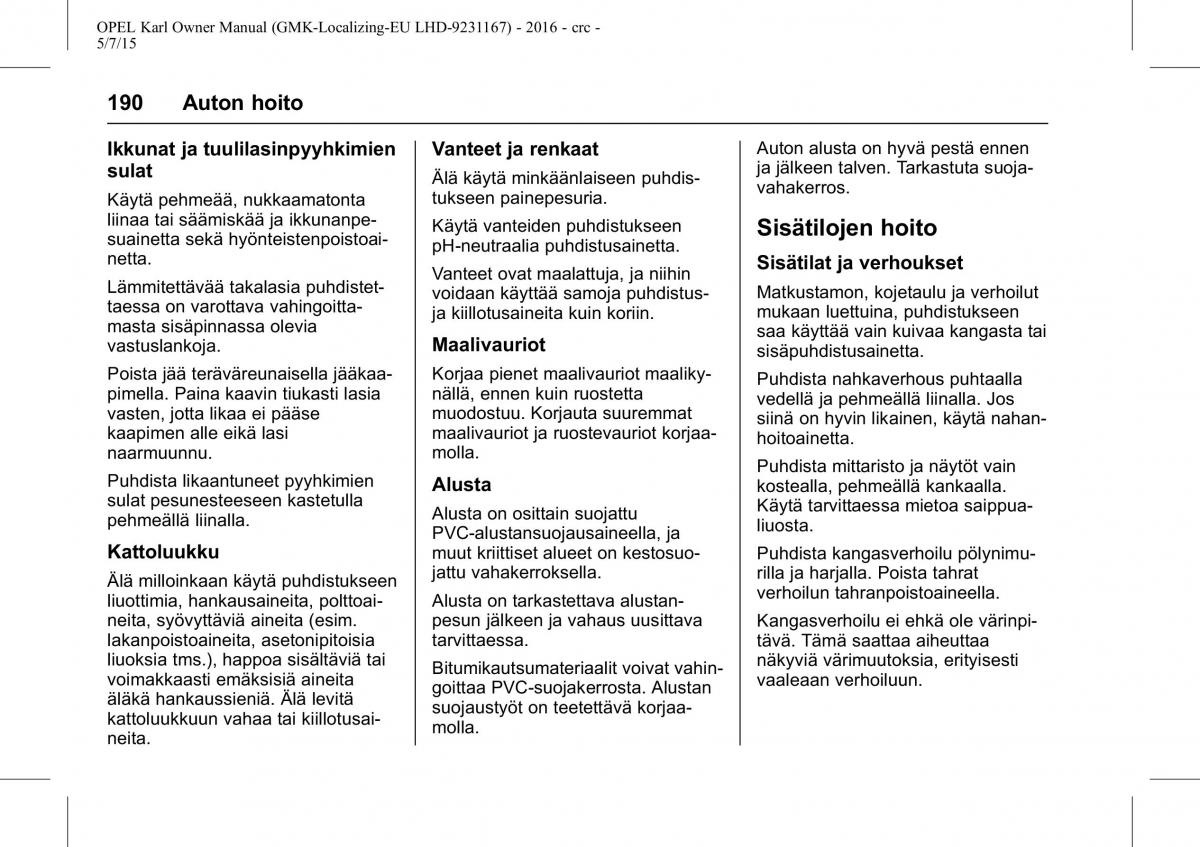 Opel Karl owners manual / page 191