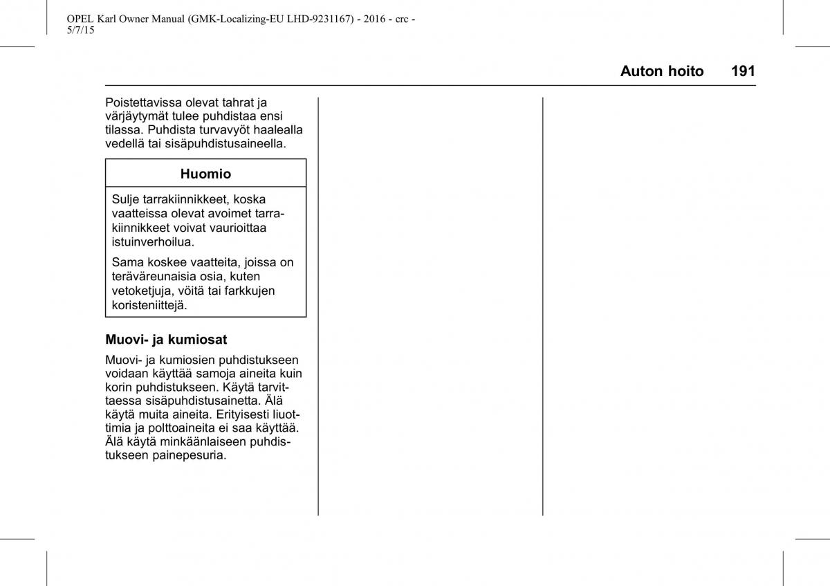 Opel Karl owners manual / page 192