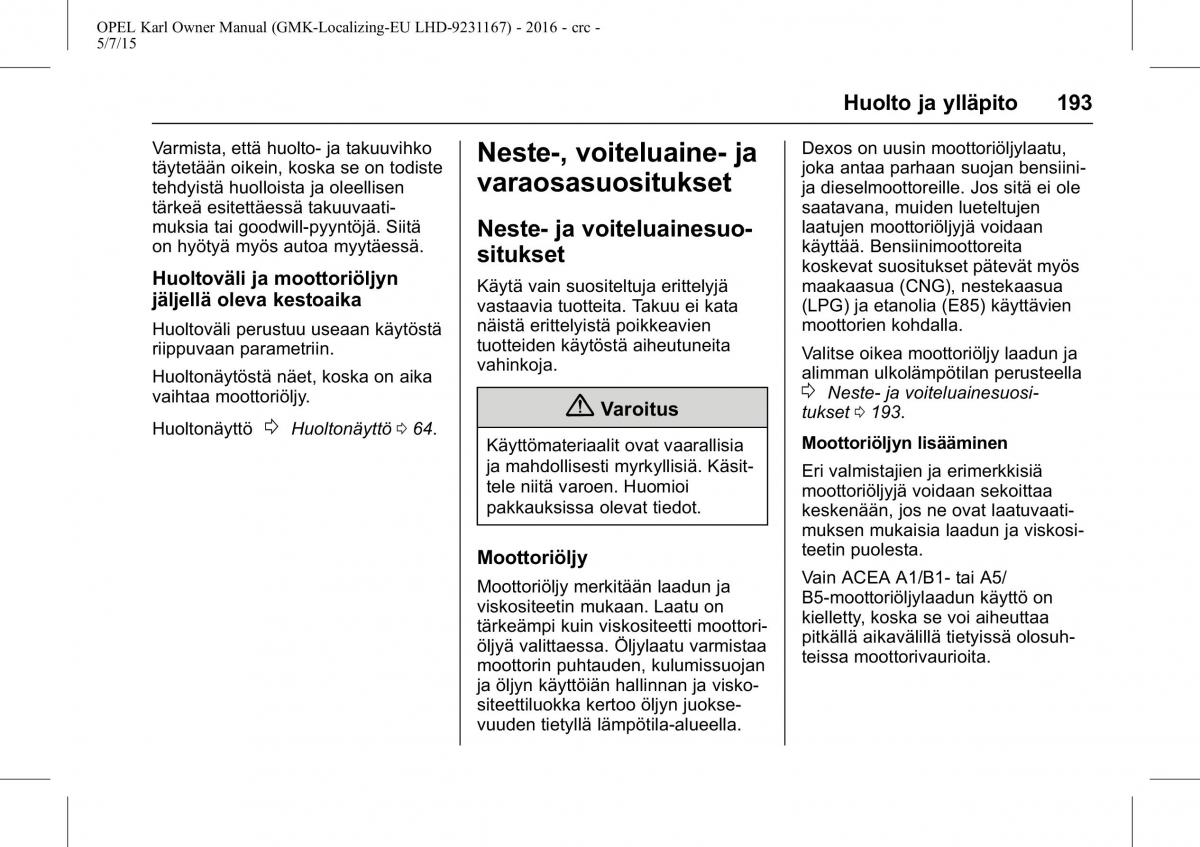 Opel Karl owners manual / page 194