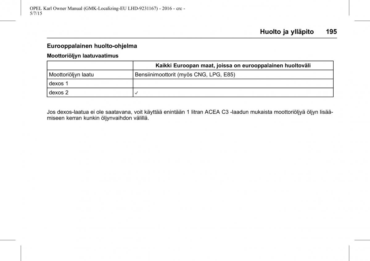 Opel Karl owners manual / page 196