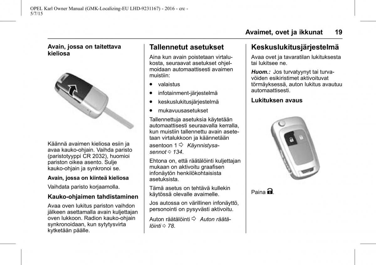 Opel Karl owners manual / page 20